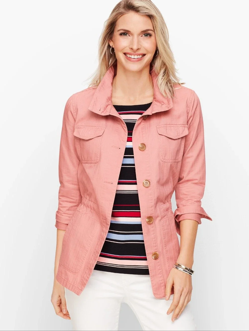 Talbots Safari Utility Jacket Adj Waist Cotton Twill Rose Pockets LG Layering